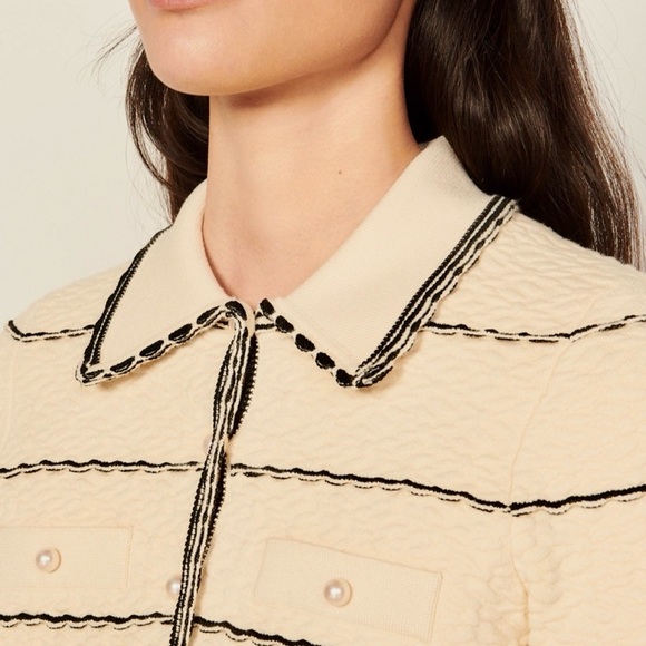 Sandro Cropped Jacket, Cream with Black Stripe and Pearl Buttons. Large. New. - Picture 3 of 15